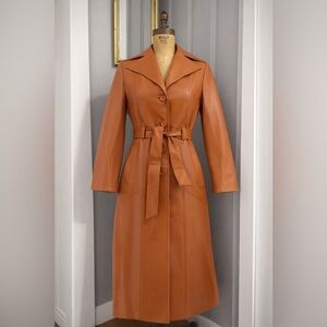 Vintage 70s Cognac Leather Trench Coat Singer Int Belted Tailored Rare Retro